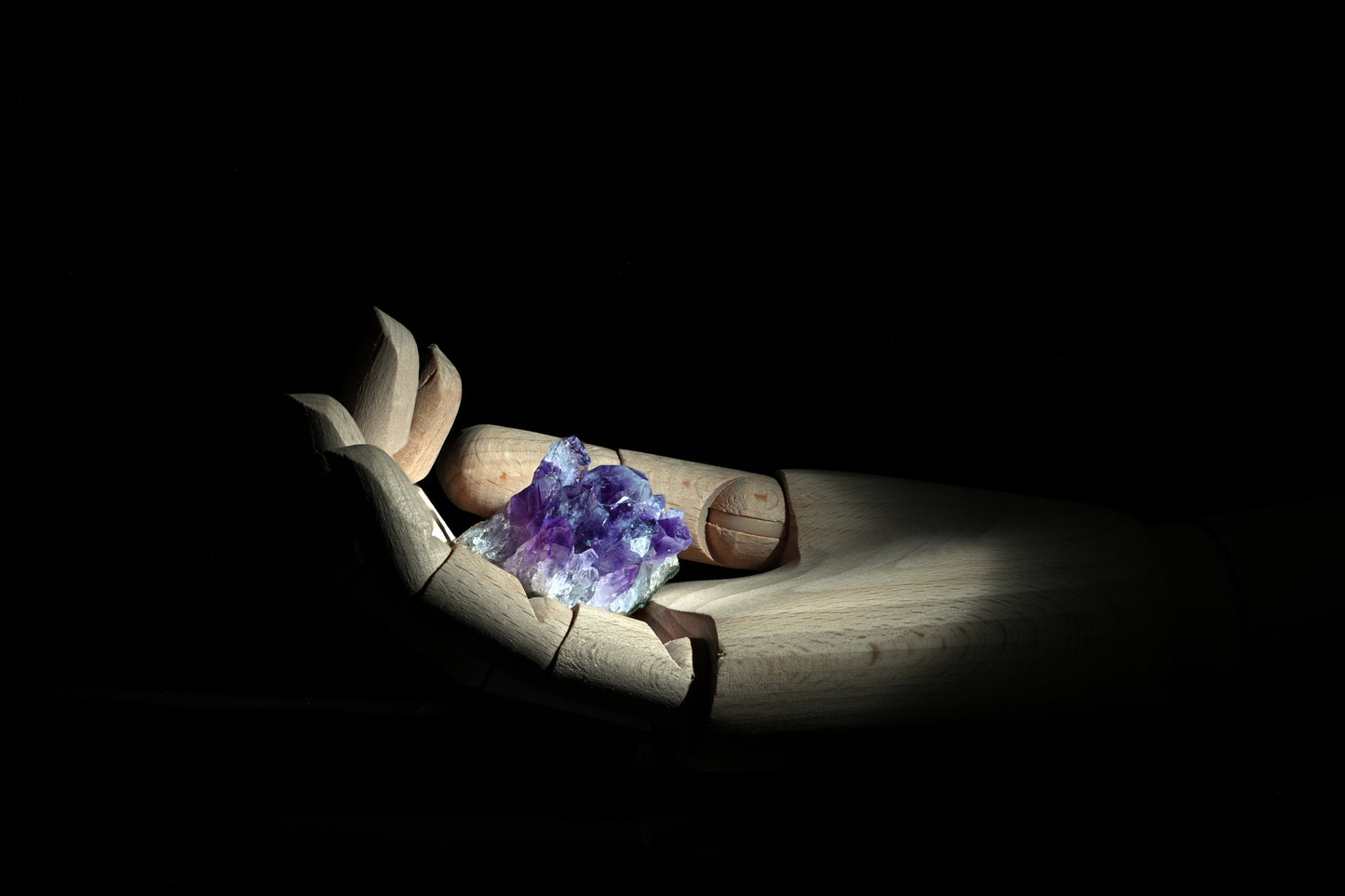 Guardians of Serenity: Amethyst Crystals in Wooden Hand. Digital picture.