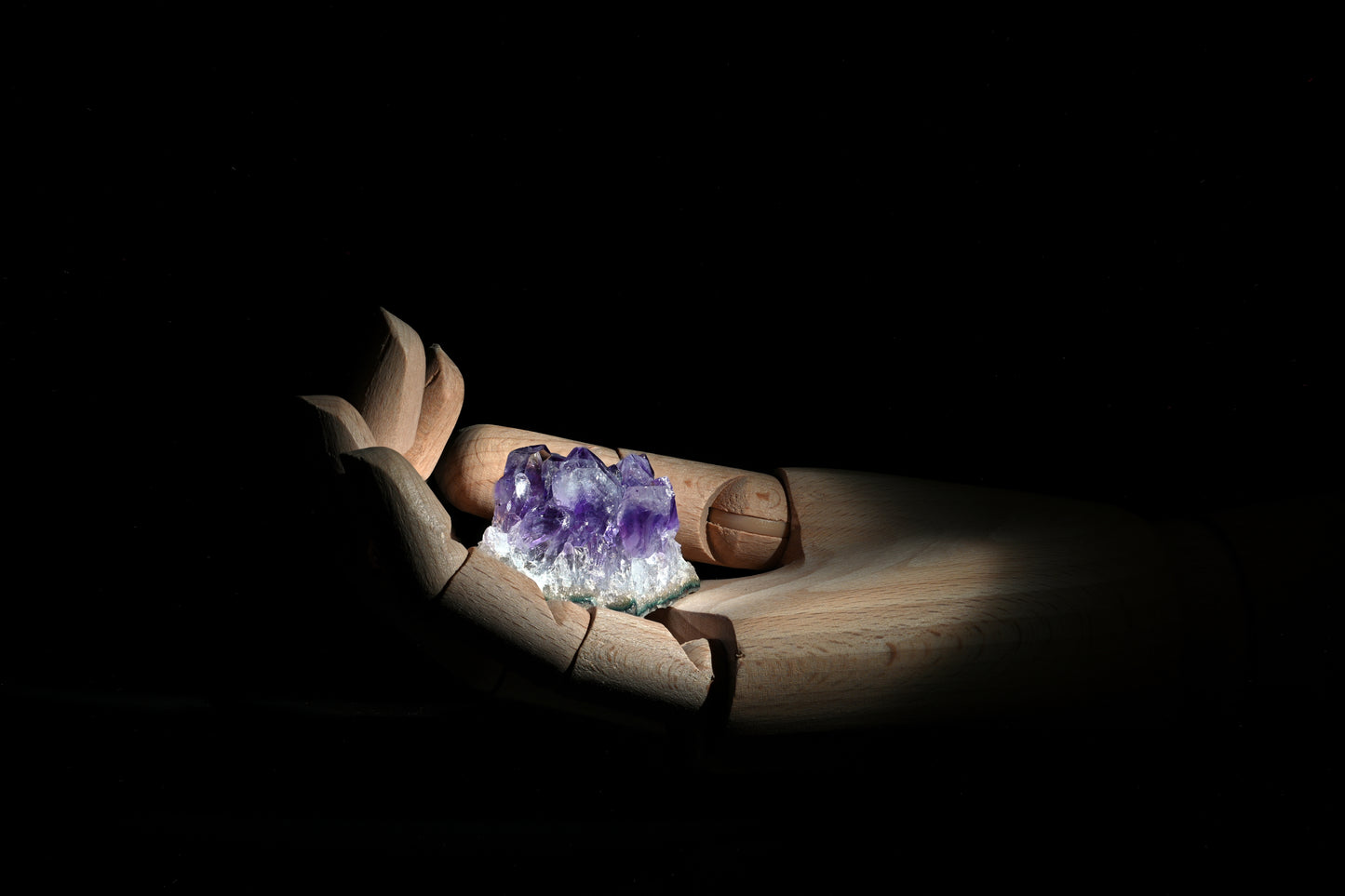 Guardians of Serenity: Amethyst Crystals in Wooden Hand. Digital poster.