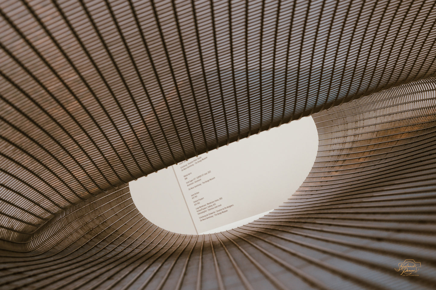Woven metal mesh sculpture sweeping toward an oval skylight, amber tones