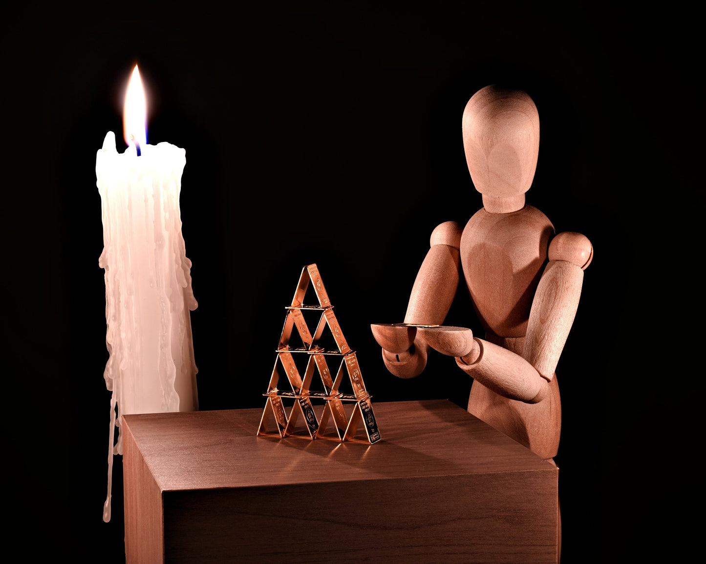 Golden House of Illusion. Golden Dreams: Wooden Doll and Card House.  Digital picture.