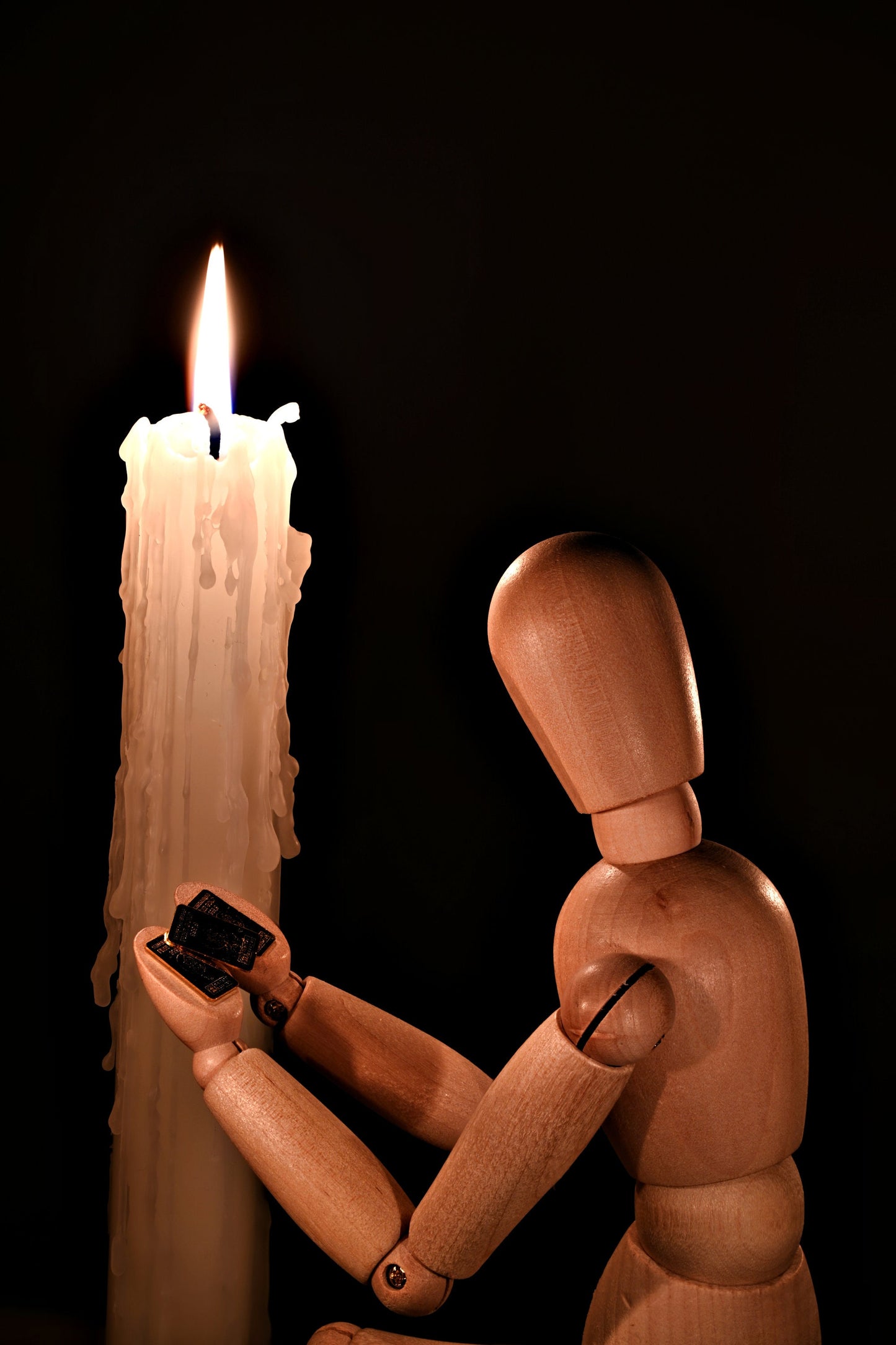 Gold Craving Wooden Doll. Golden Dreams: Wooden Doll and Card House. Digital poster.