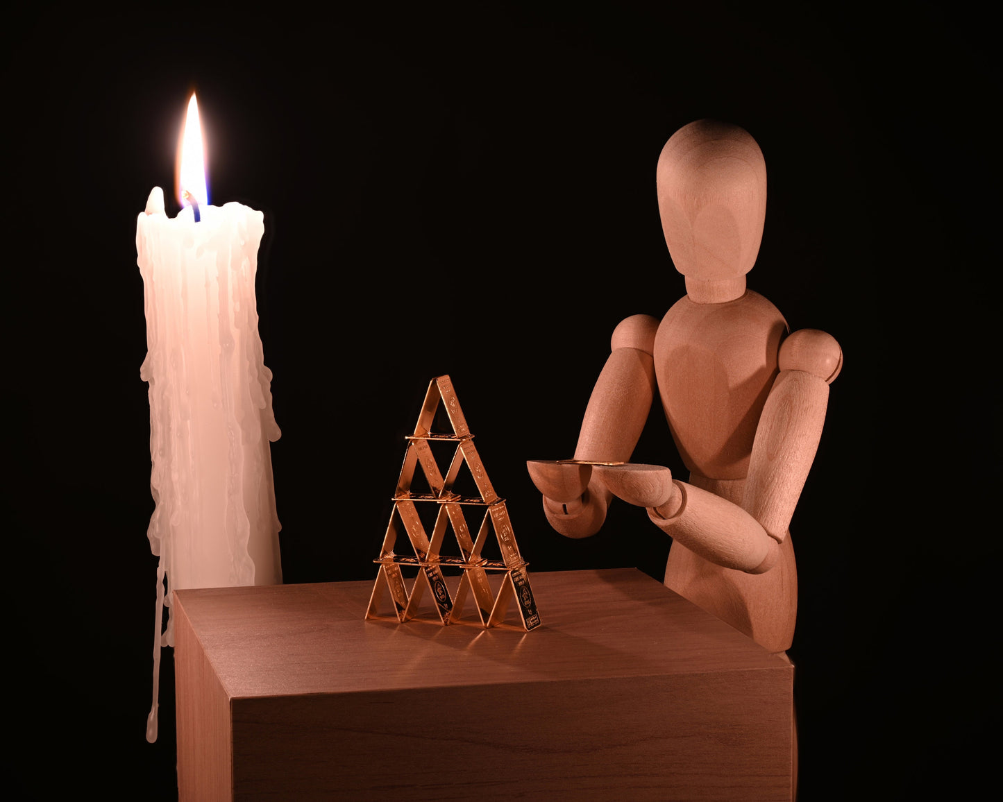 Gold. Golden Dreams: Wooden Doll and Card House. Digital poster.