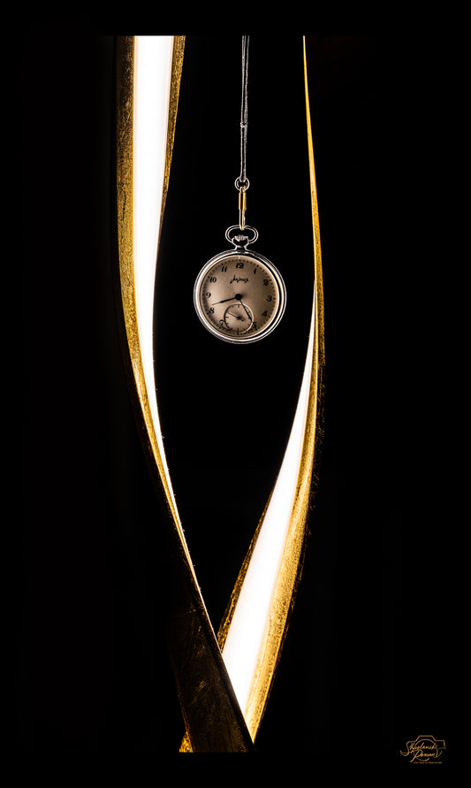 A pocket watch suspended within a golden sculpture