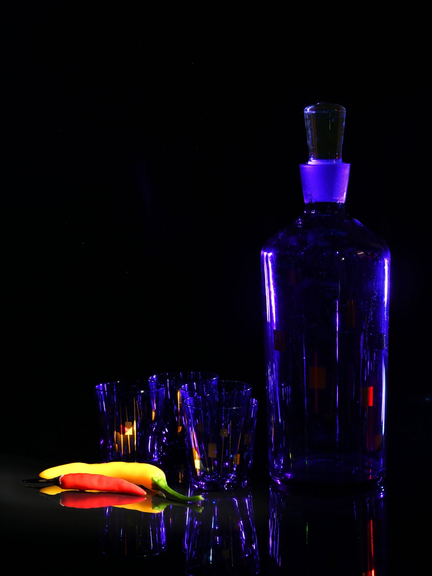 Cheers and Peppers: Retro Spirits in Blue Light. Digital poster.