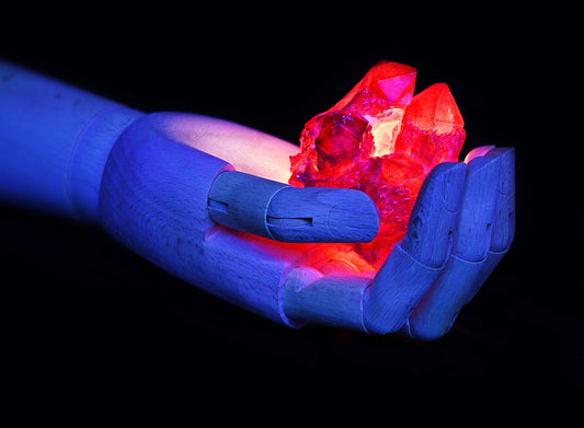 Scarlet heart. Red flame. Ultraviolet Enigma: Wooden Hand with Red Crystal. Digital poster.