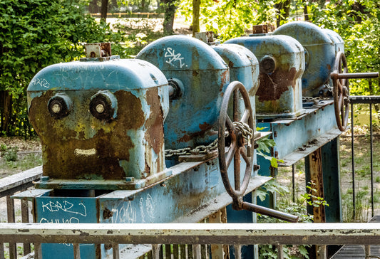 Vintage Reducers: Rustic Machinery and Nature. Digital poster.