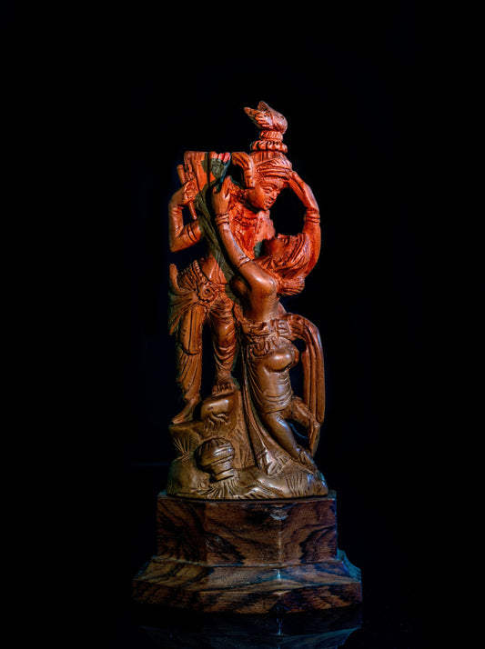 Divine Harmony: Wood Carving of Lord Krishna. Digital poster.